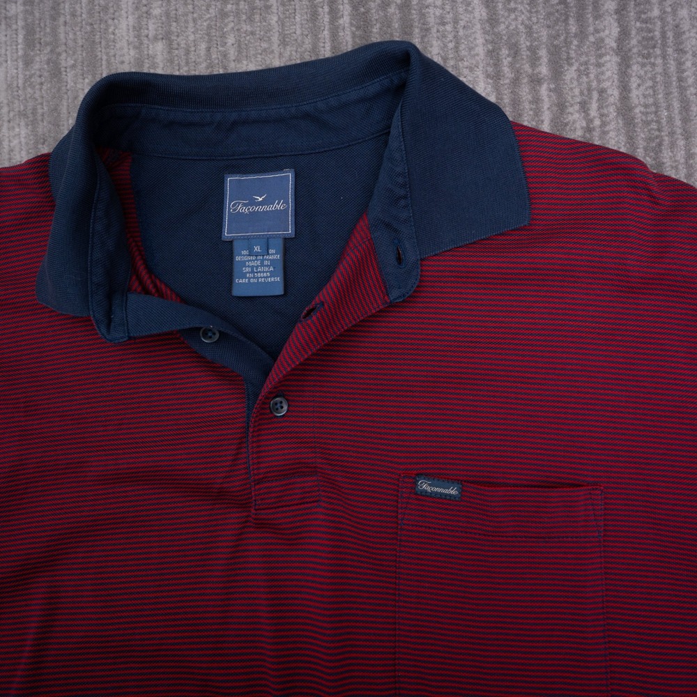 Faconnable Mens XL Polo Shirt Red Navy Blue Striped Cotton Short Sleeve Pocket